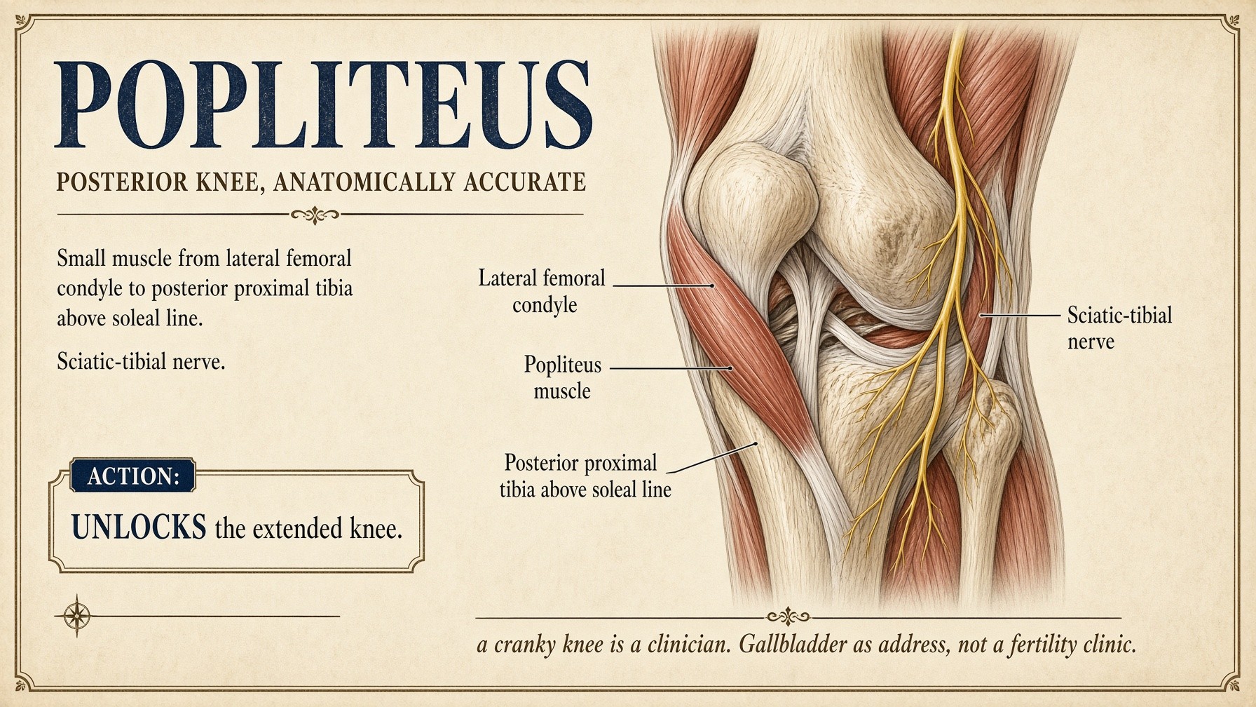 Banner: popliteus from the lateral femoral condyle — unlocks the knee