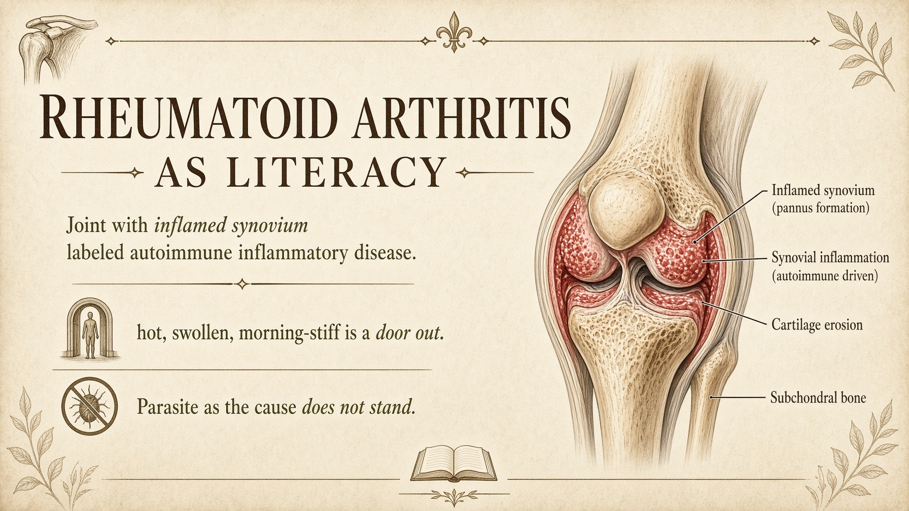 Banner: rheumatoid arthritis as literacy — inflamed synovium, a door out