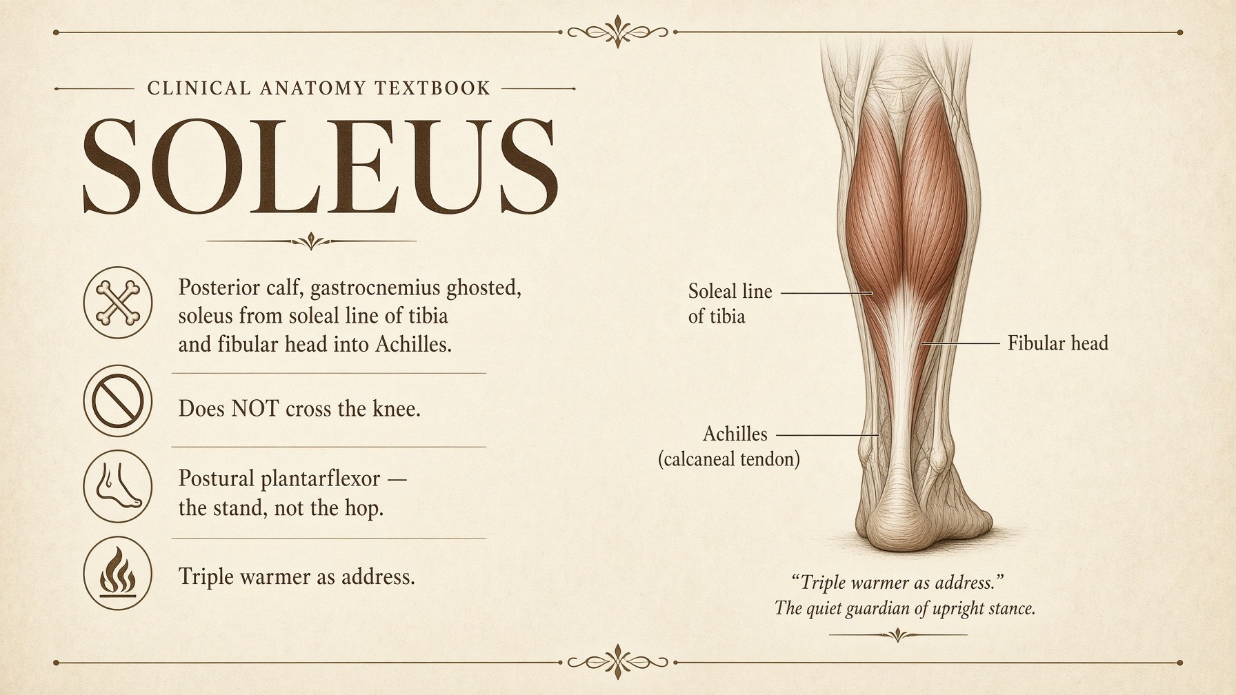 Banner: soleus — the stand, does not cross the knee