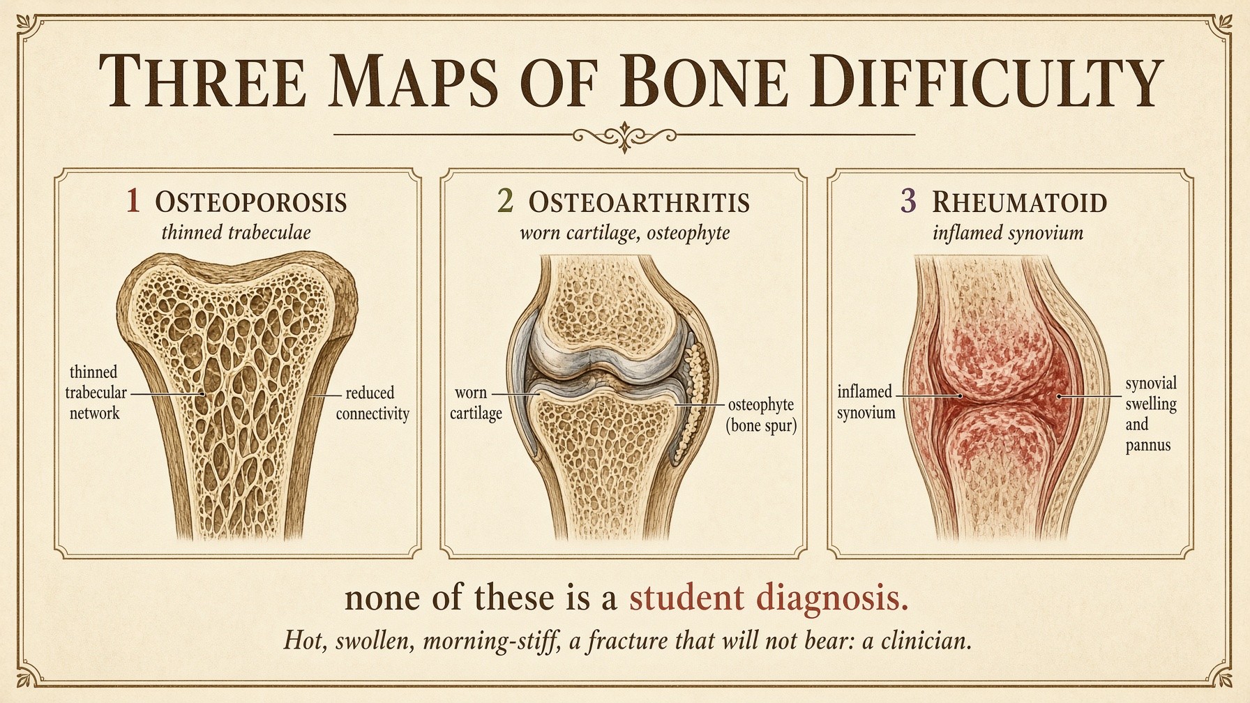 Banner: three maps of bone difficulty — osteoporosis, osteoarthritis, rheumatoid arthritis as literacy