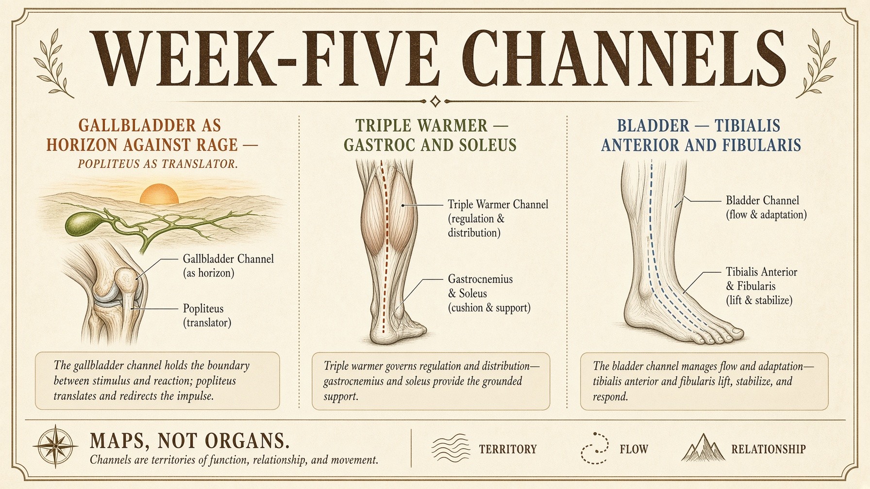 Banner: week-five channels — GB, TW, bladder as addresses on the calf