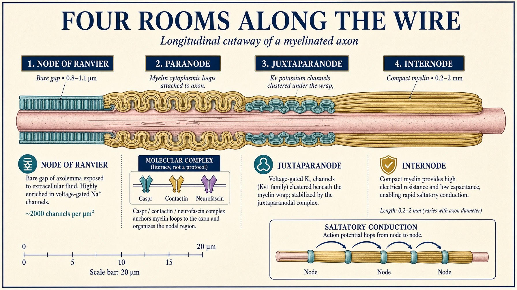 Four rooms along the axon: node, paranode, juxtaparanode, internode