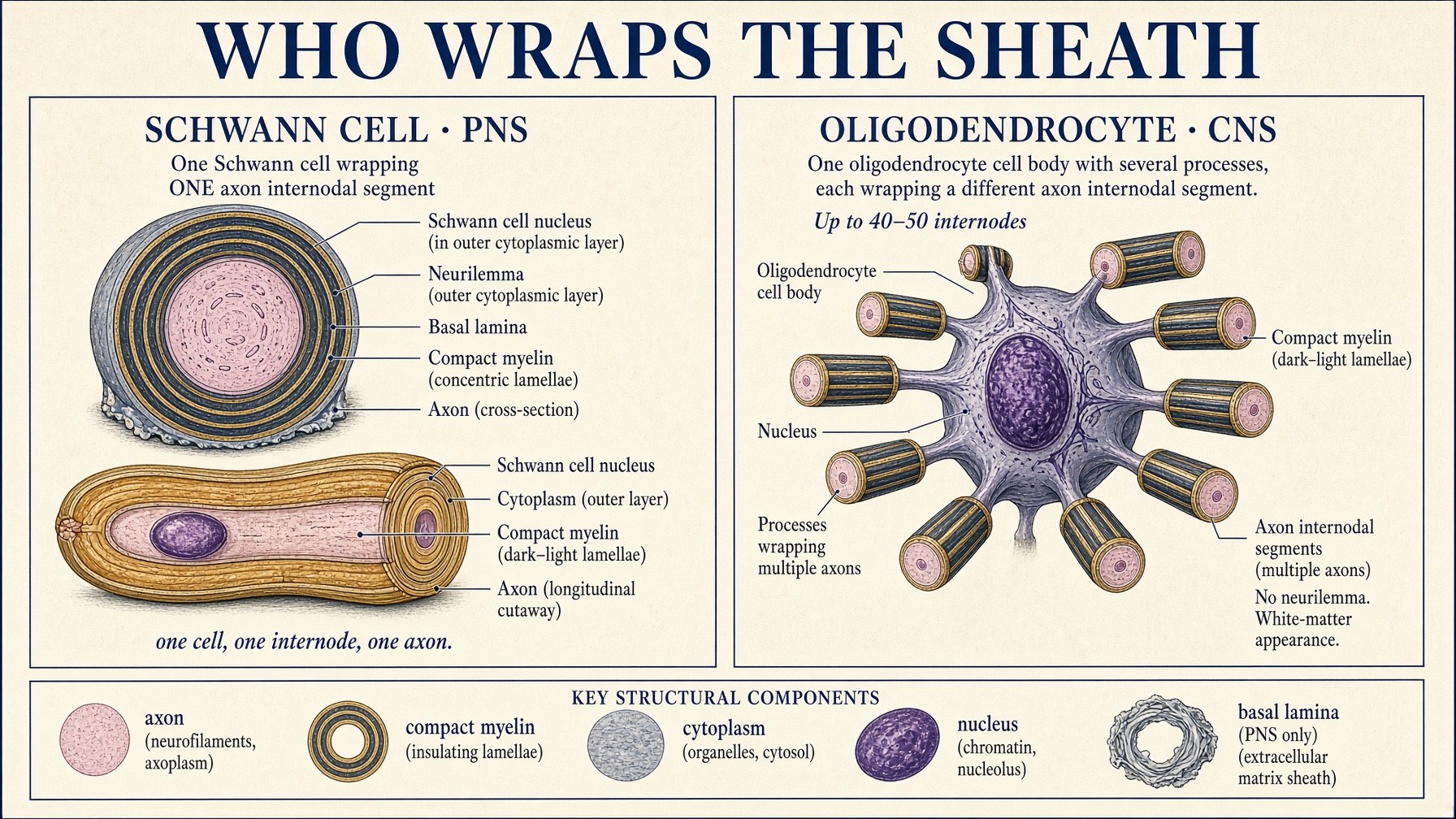 Who wraps the sheath: Schwann cell, one internodal segment; oligodendrocyte, many