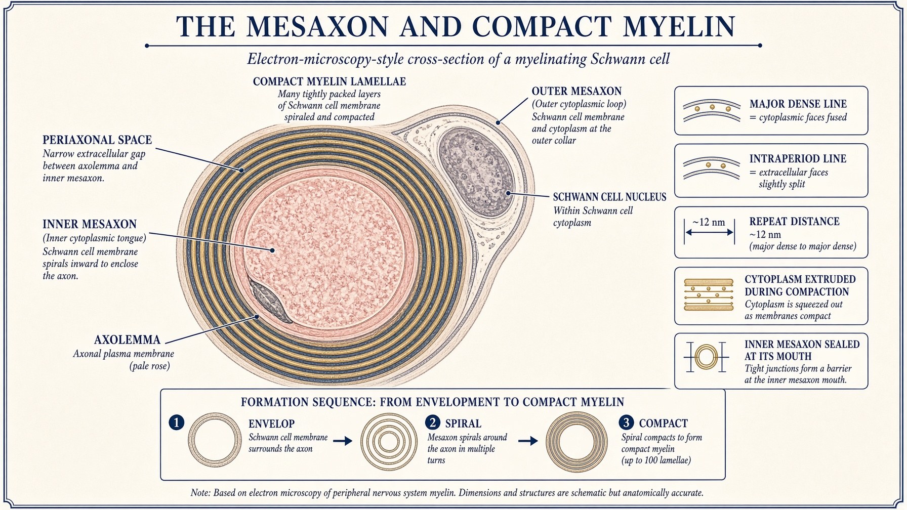 Mesaxon spirals into compact myelin — major dense line and intraperiod line