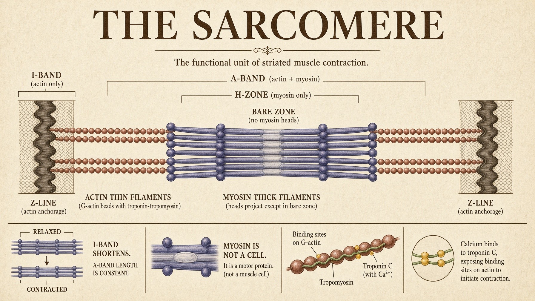 Banner: the sarcomere — I-band shortens, A-band constant, myosin is not a cell