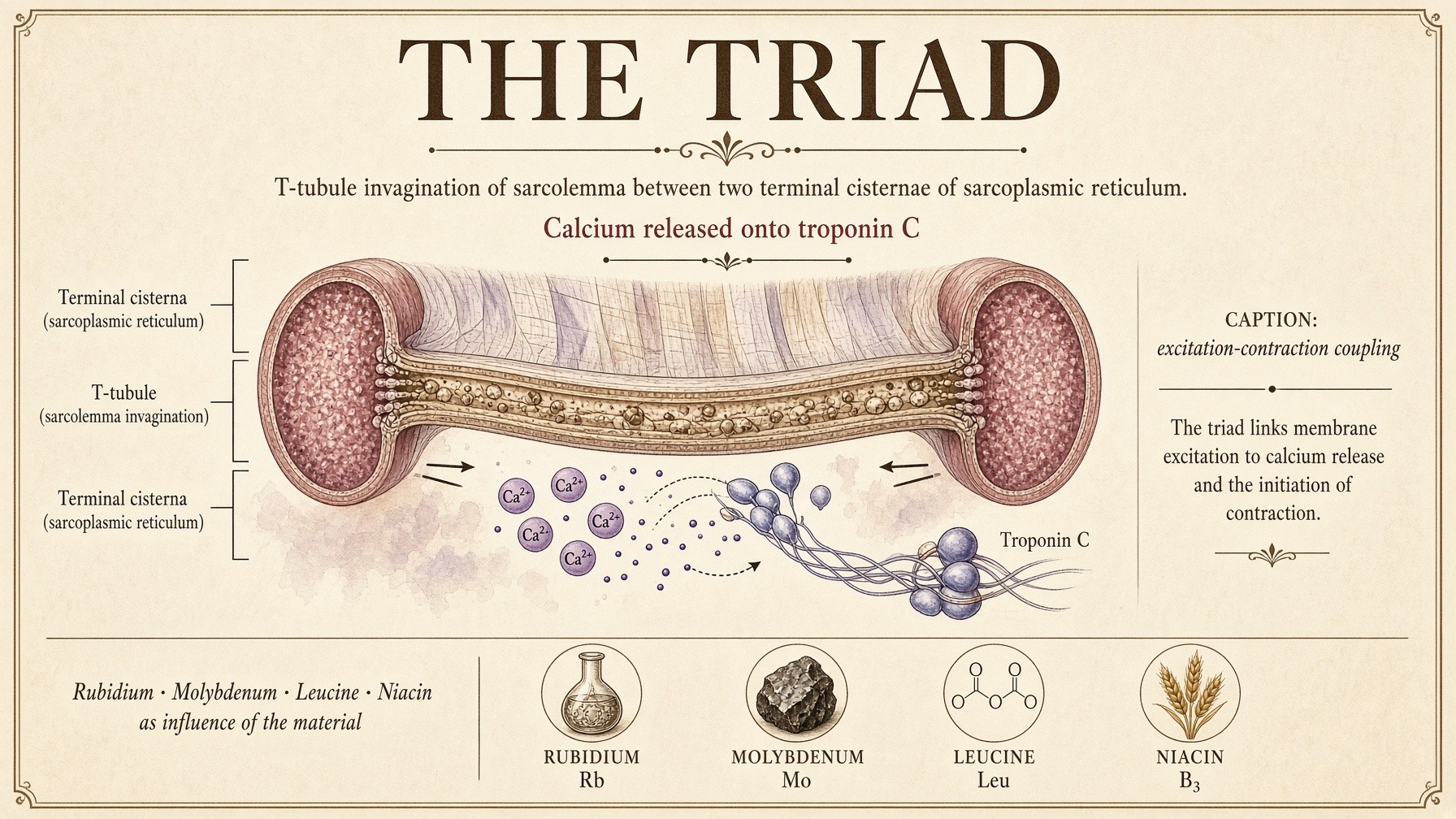 Banner: the triad — T-tubule, lateral sacs, calcium on troponin C