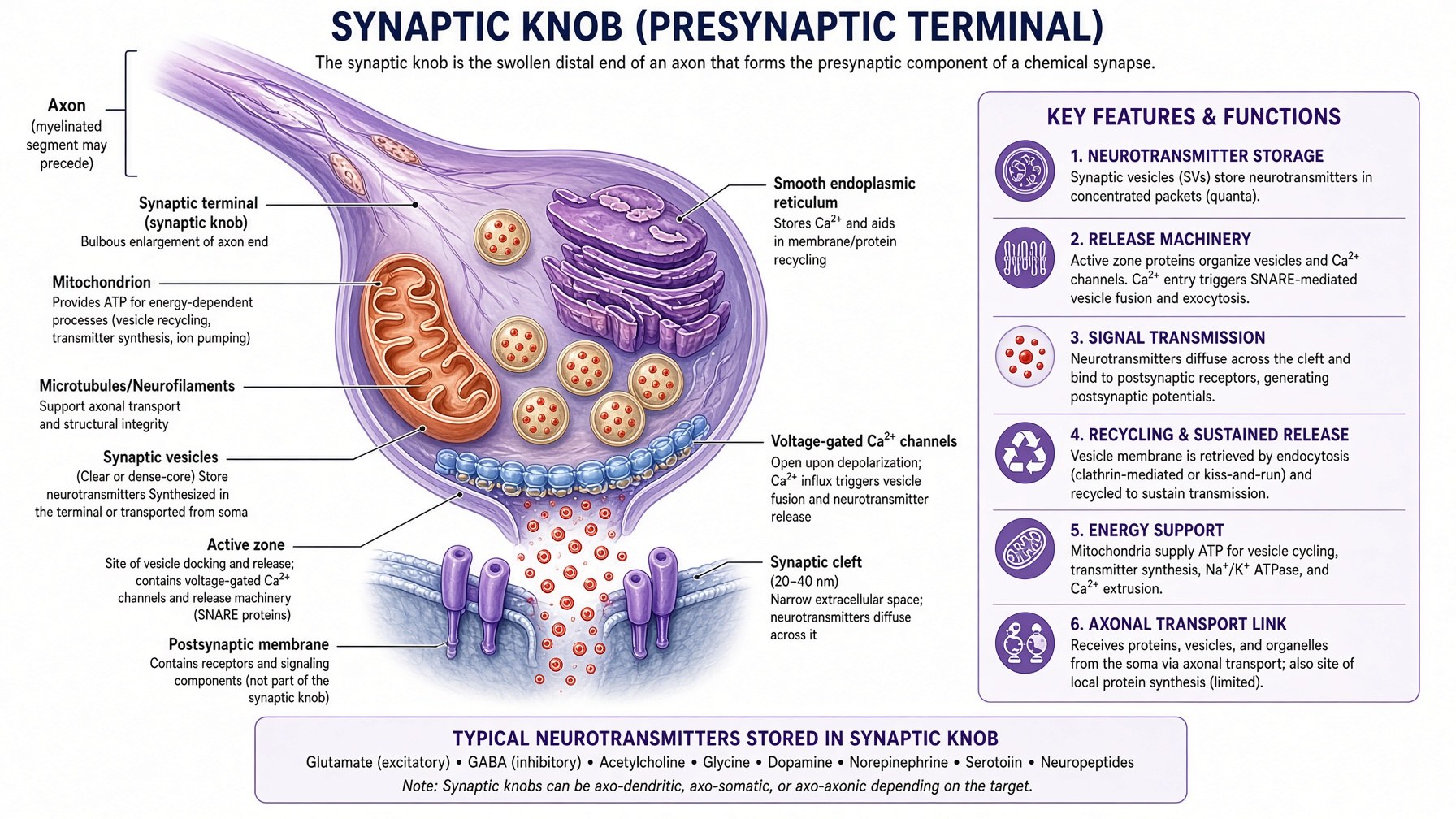 Synaptic knob in detail — mitochondria, smooth ER, microtubules, voltage-gated Ca²⁺ channels, typical transmitters