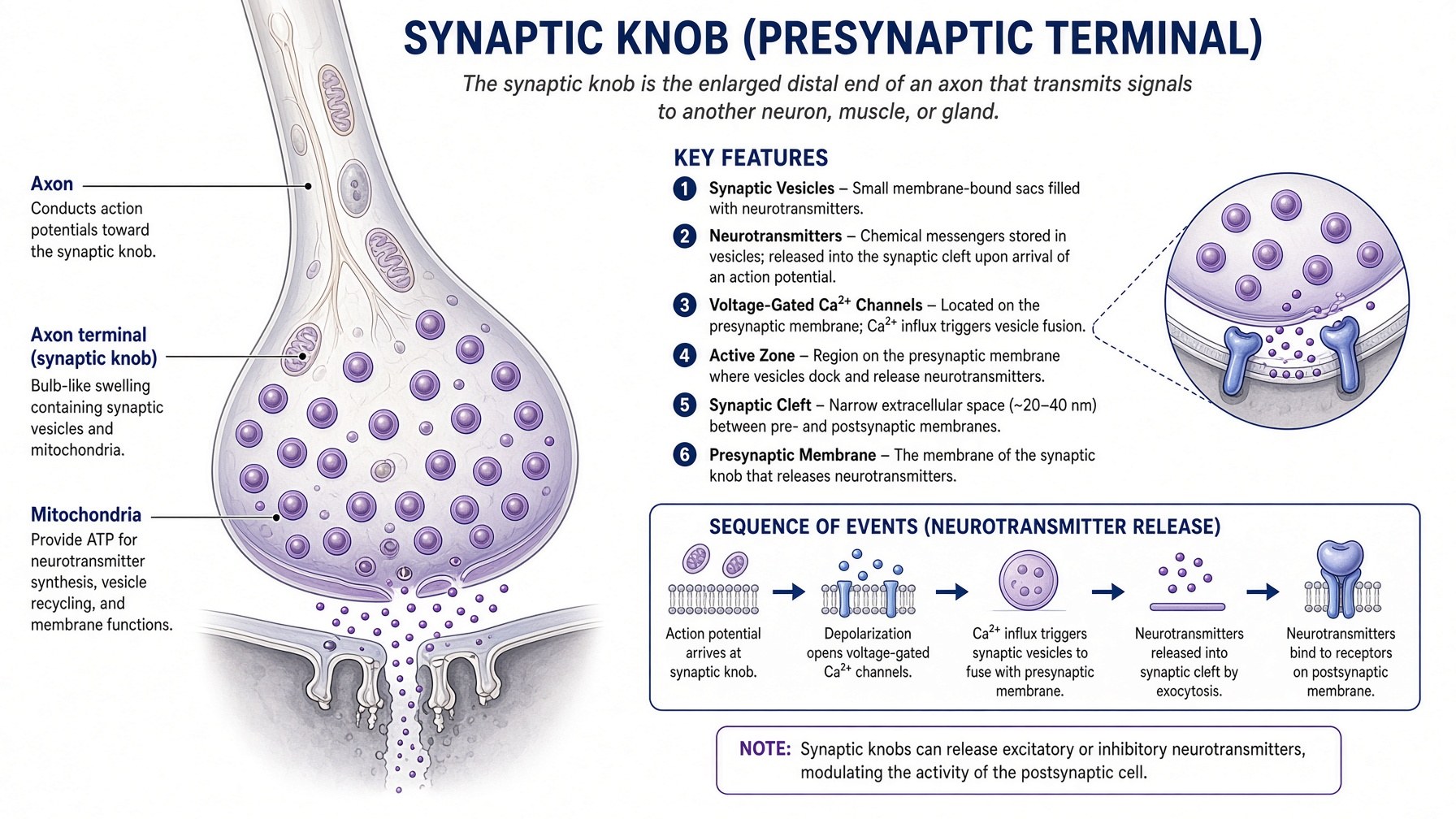 Presynaptic terminal: action potential, Ca²⁺ influx, vesicle fusion, release into the cleft