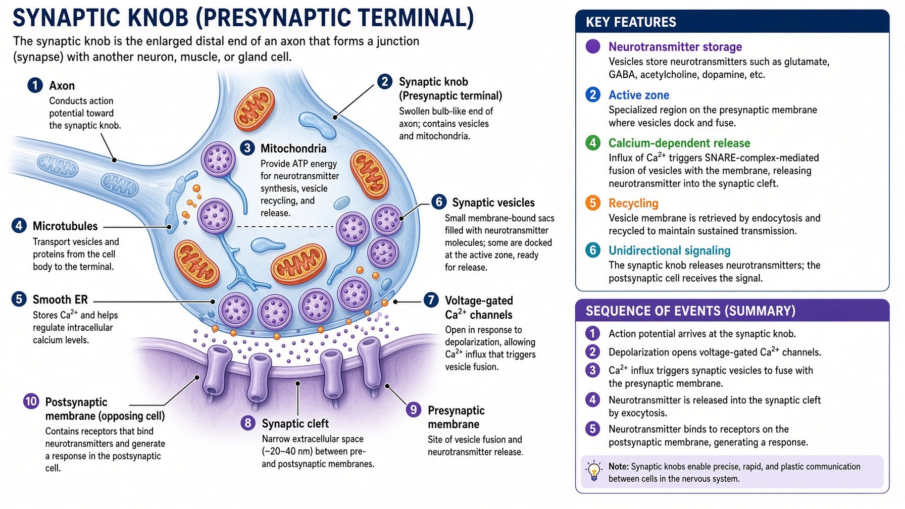 Numbered walk of the synaptic knob — axon, vesicles, Ca²⁺ channels, cleft, postsynaptic membrane
