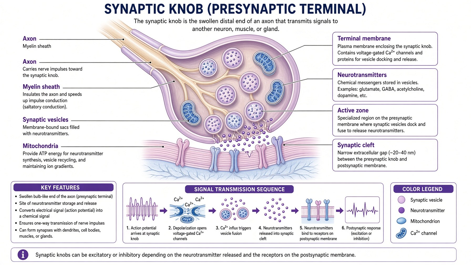 Banner: synaptic knob — vesicles, calcium, the cleft, the six-step sequence