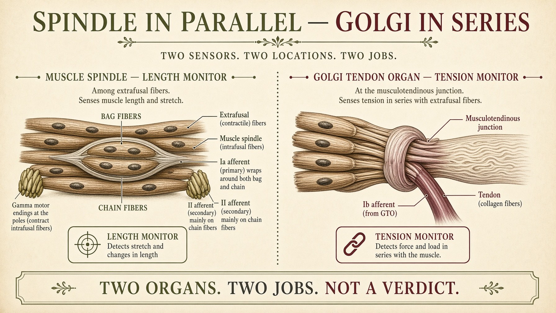 Poster: spindle in parallel among extrafusal fibers, Golgi in series at the tendon