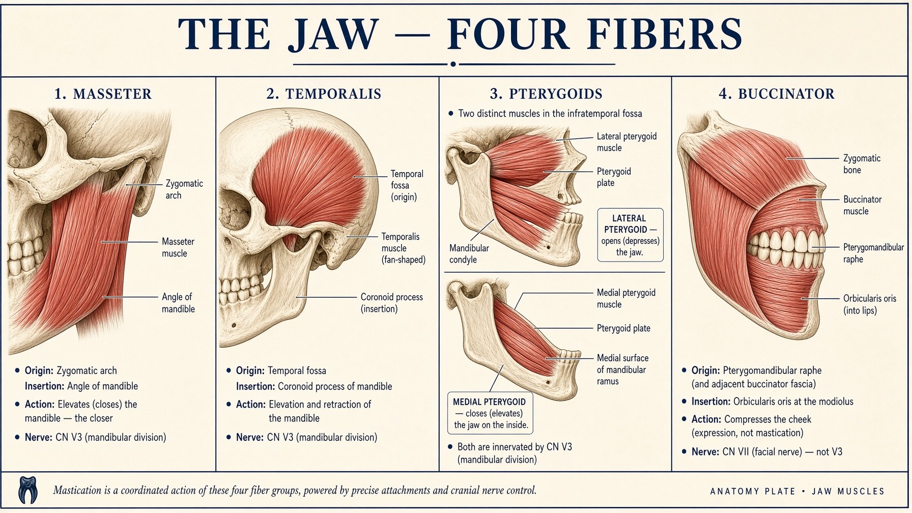 Banner: the jaw — masseter, pterygoids, temporalis, buccinator