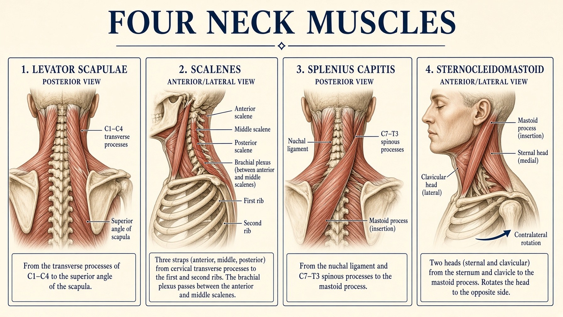 Banner: four neck muscles — levator, scalenes, splenius, SCM