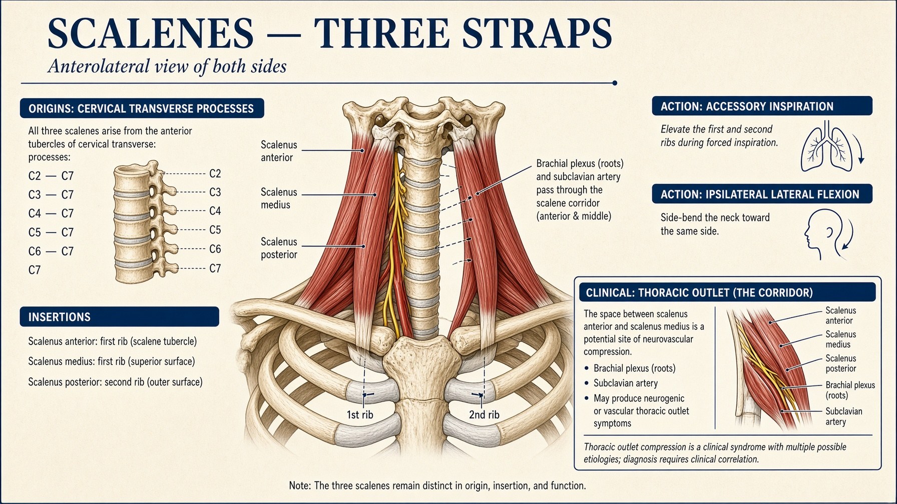 Scalenes — three straps from cervical transverse processes to the first and second ribs