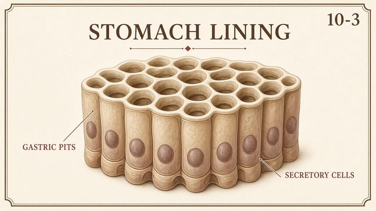 Chart 10-3: stomach lining as gastric pits with secretory cells below