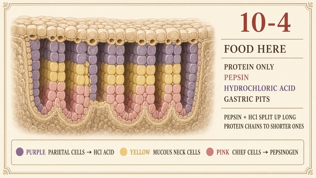 Chart 10-4: gastric pits — parietal cells purple to HCl, mucous neck yellow, chief pink to pepsinogen