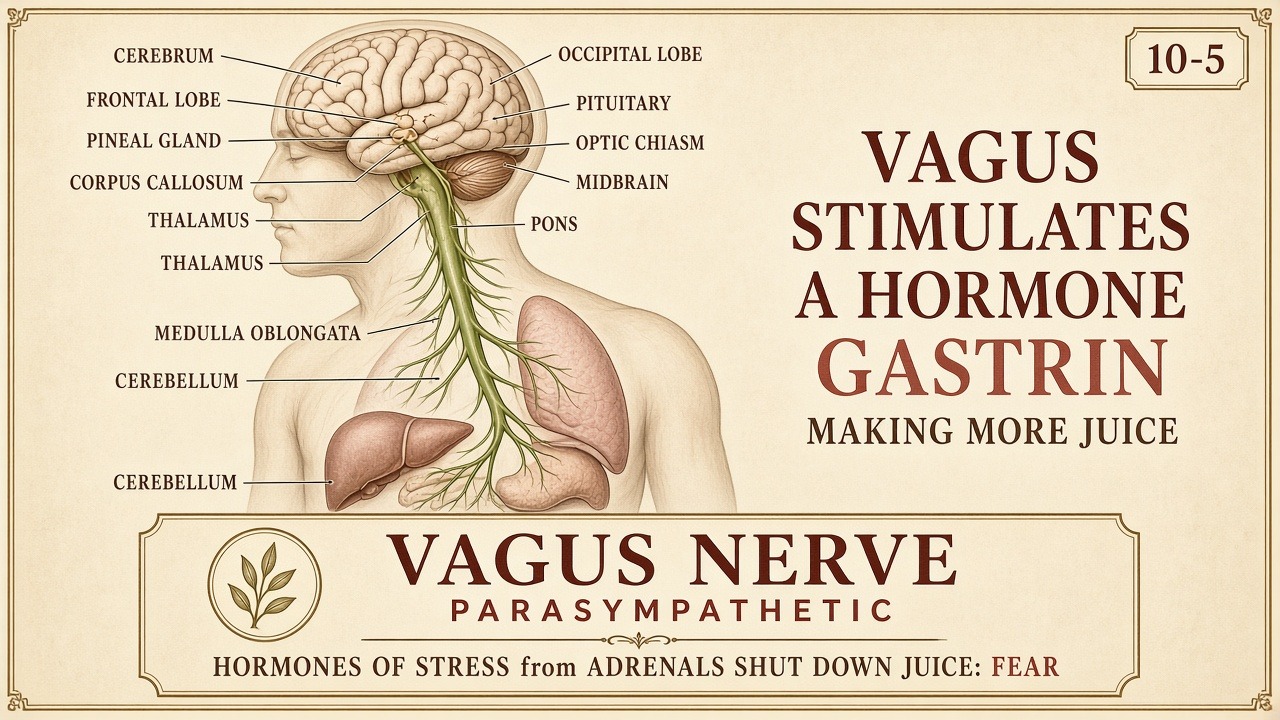 Chart 10-5: vagus parasympathetic stimulates gastrin, more juice; adrenal stress hormones shut juice down — fear