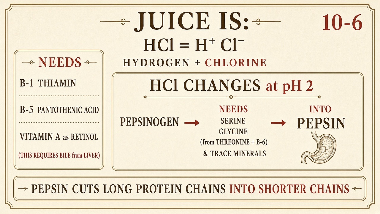 Chart 10-6: HCl is H+ and Cl−; needs B-1, B-5, retinol; pepsinogen needs serine, glycine, trace minerals; pepsin cuts long chains