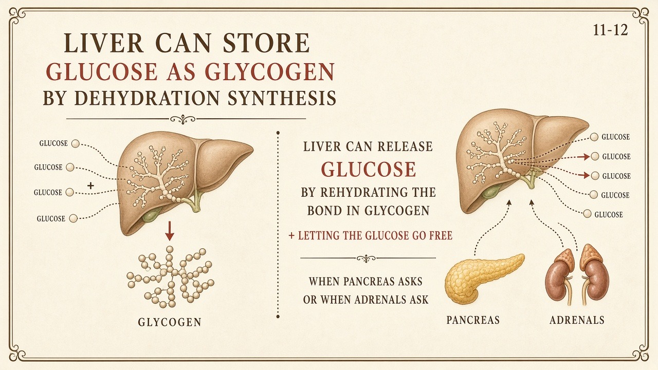 Chart 11-12: liver stores glucose as glycogen by dehydration synthesis; releases by rehydrating when pancreas or adrenals ask