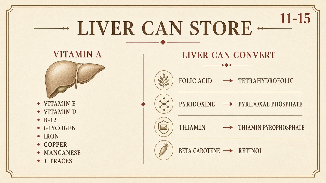Chart 11-15: liver stores A, E, D, B-12, glycogen, iron, copper, manganese; converts folate, B-6, thiamin, beta carotene