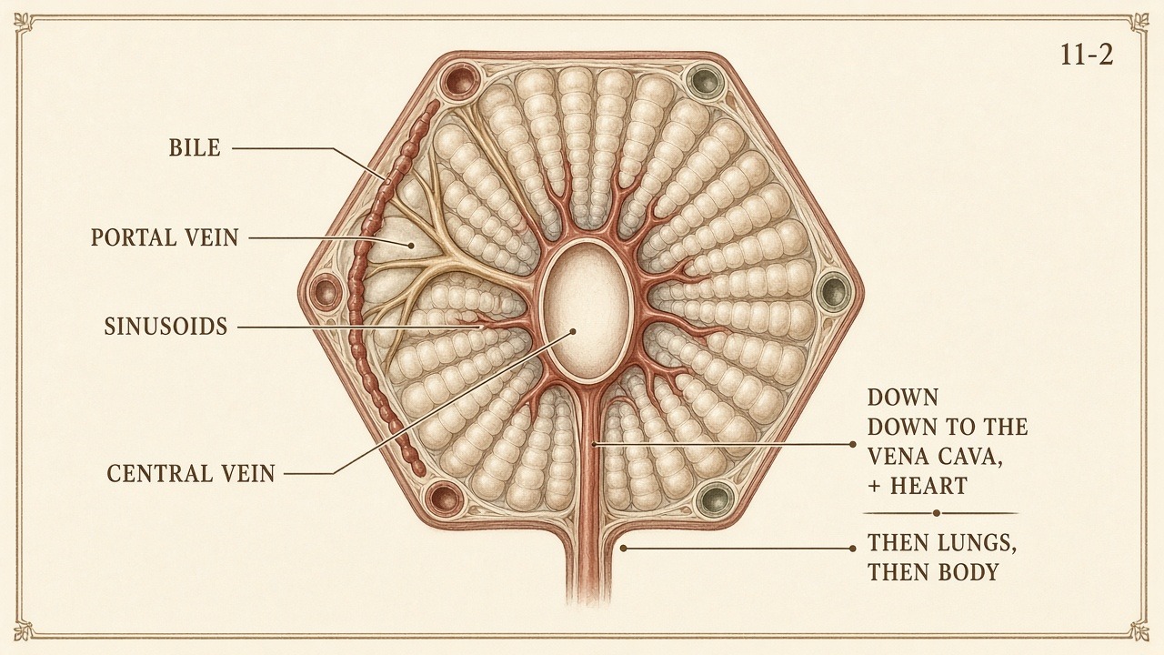 Chart 11-2: liver cell rows — bile left, portal vein and sinusoids right, central vein down to vena cava, heart, lungs, body