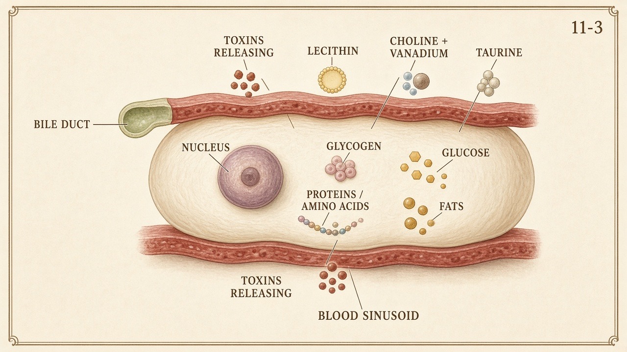 Chart 11-3: a liver cell — bile duct above, blood sinusoid below, glycogen, amino acids, fats, toxins releasing both ways