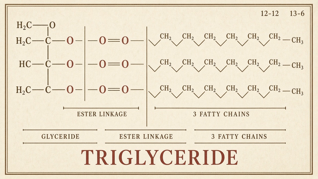 Chart 12-12: triglyceride — glyceride backbone, ester linkage, three fatty chains