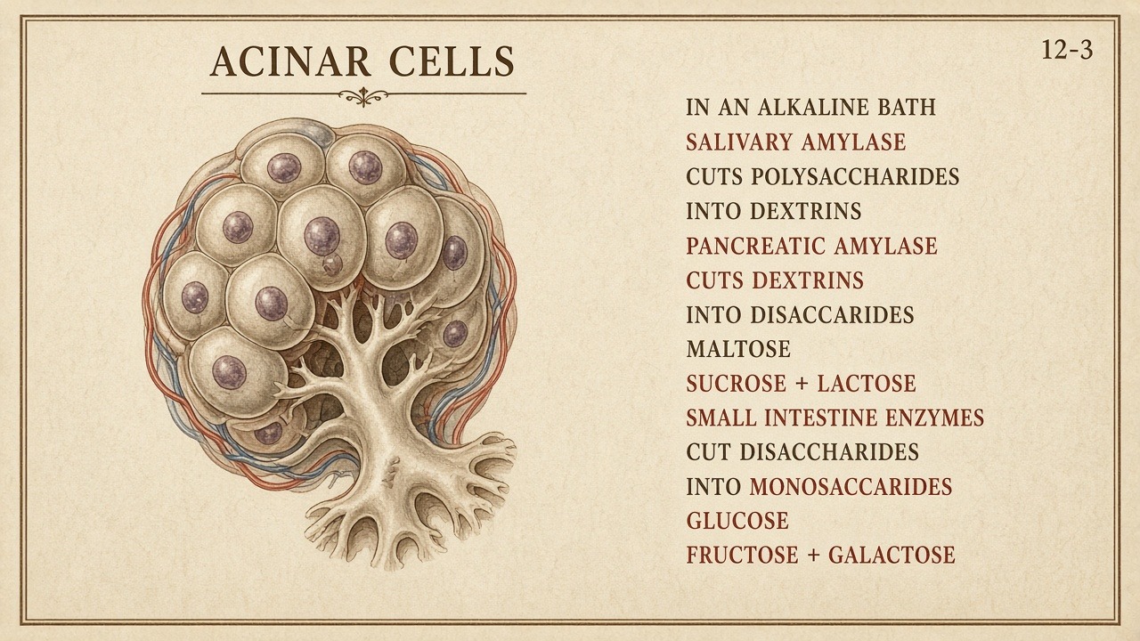 Chart 12-3: salivary then pancreatic amylase, then small-intestine enzymes