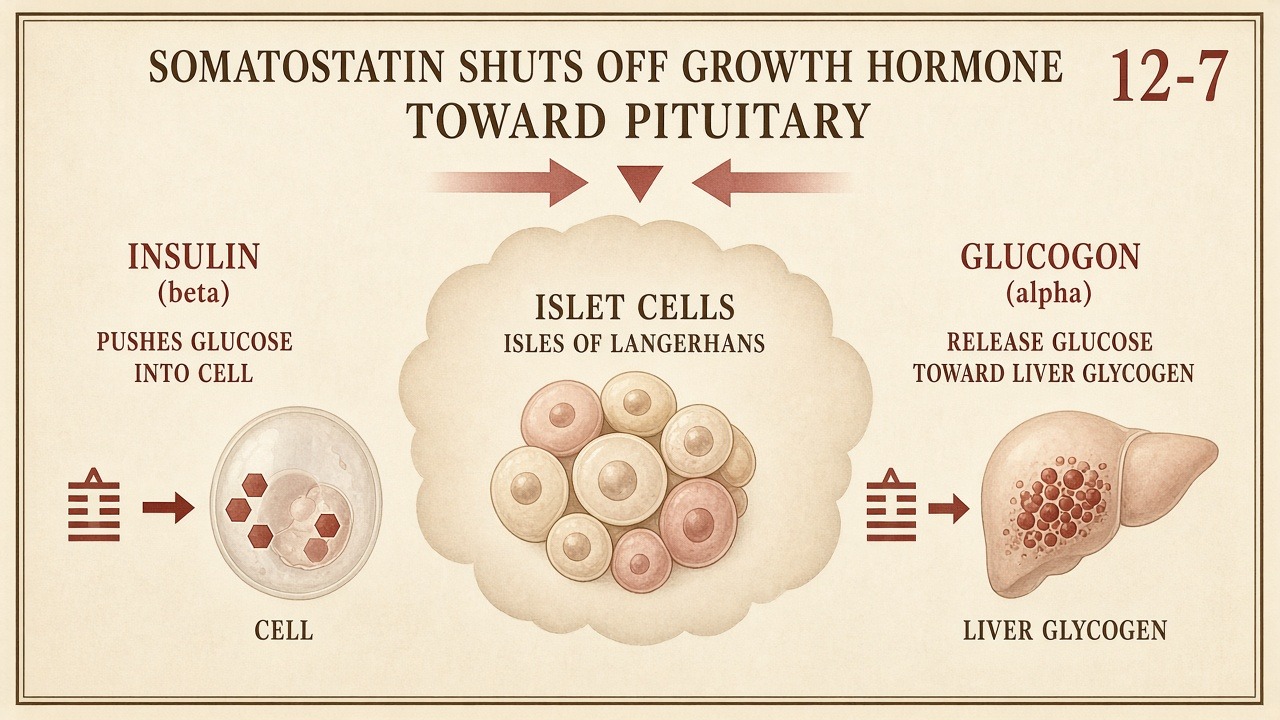Chart 12-7: insulin into the cell, glucagon from liver glycogen, somatostatin toward pituitary
