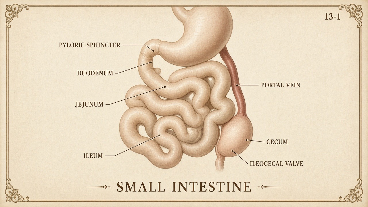 Chart 13-1: small intestine — pylorus, duodenum, jejunum, ileum, ileocecal valve, cecum, portal vein