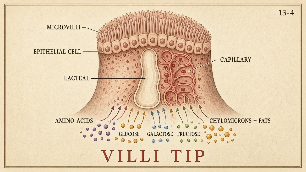Chart 13-4: villi tip — amino acids and sugars to capillary, chylomicrons to lacteal