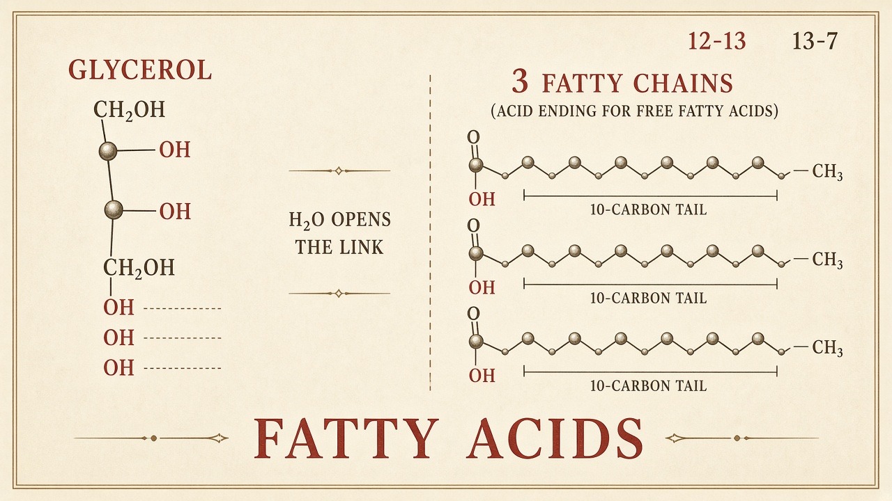 Chart 13-7: water opens the ester — glycerol and free fatty acids