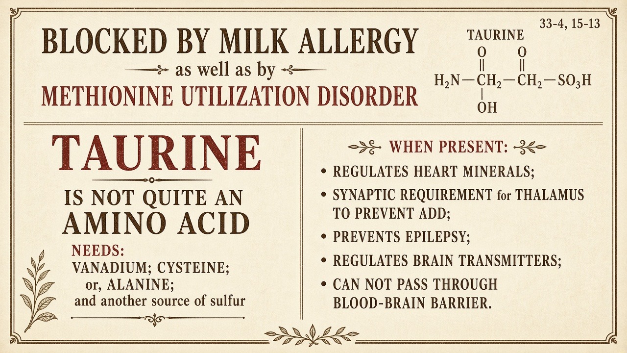 Chart 15-13: taurine — blocked by milk allergy, heart minerals, thalamus, cannot pass the blood-brain barrier