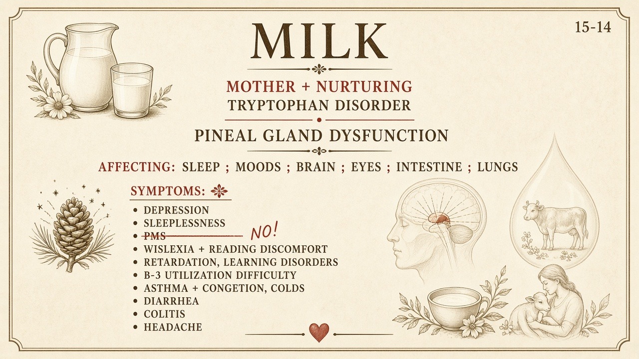Chart 15-14: milk — mother and nurturing, tryptophan disorder, pineal dysfunction