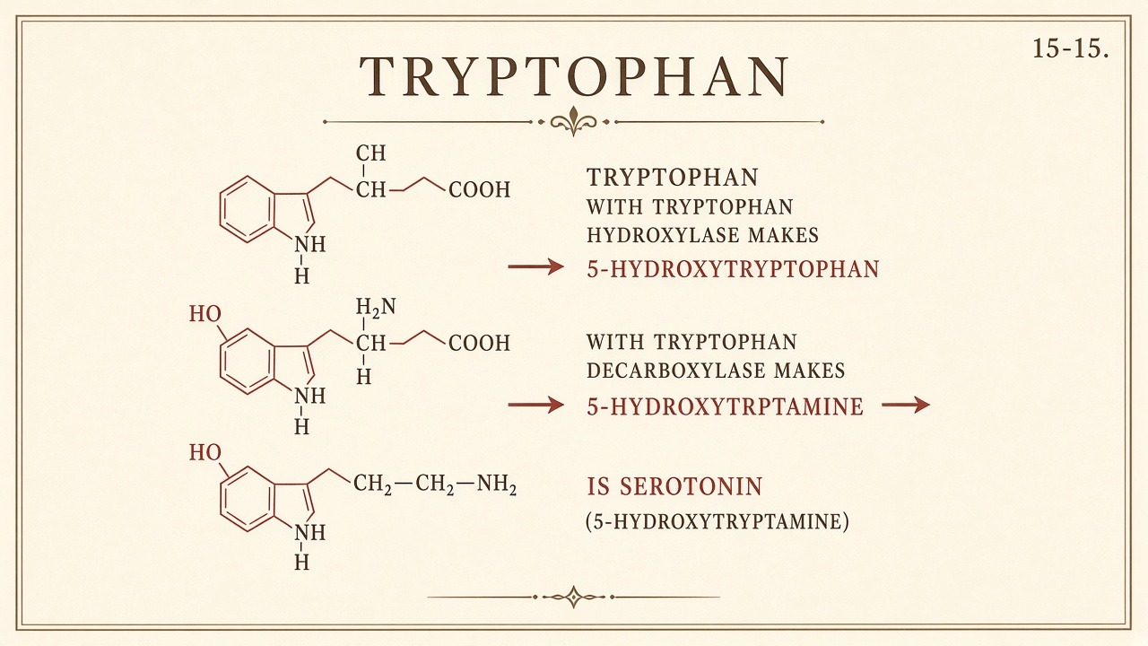 Chart 15-15: tryptophan to 5-hydroxytryptophan to 5-hydroxytryptamine (serotonin)