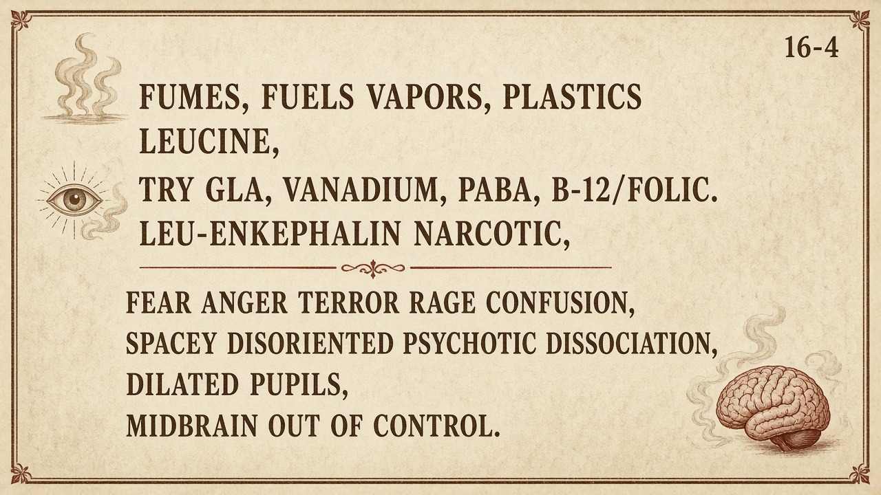 Chart 16-4: fumes, fuels, vapors, plastics — leucine, leu-enkephalin, dilated pupils