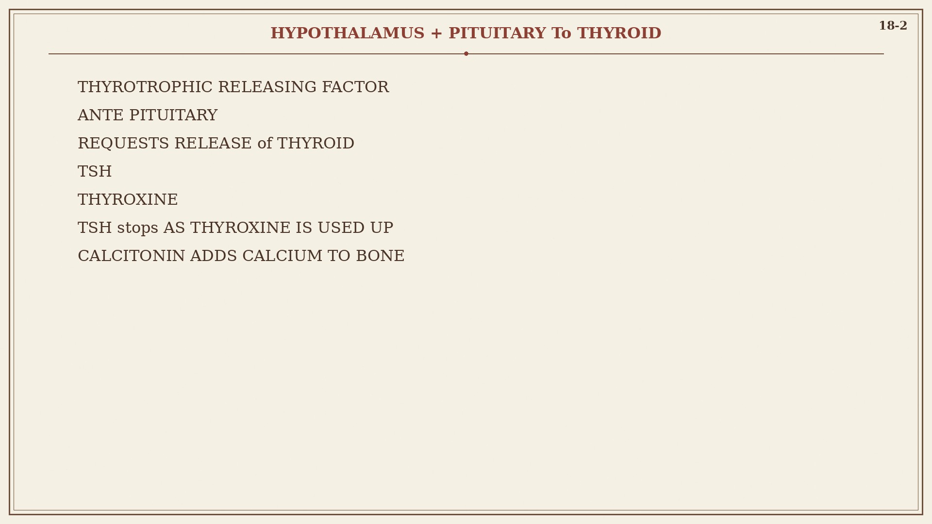 Chart 18-2: hypothalamus and pituitary to thyroid, TRF, TSH, thyroxine, calcitonin