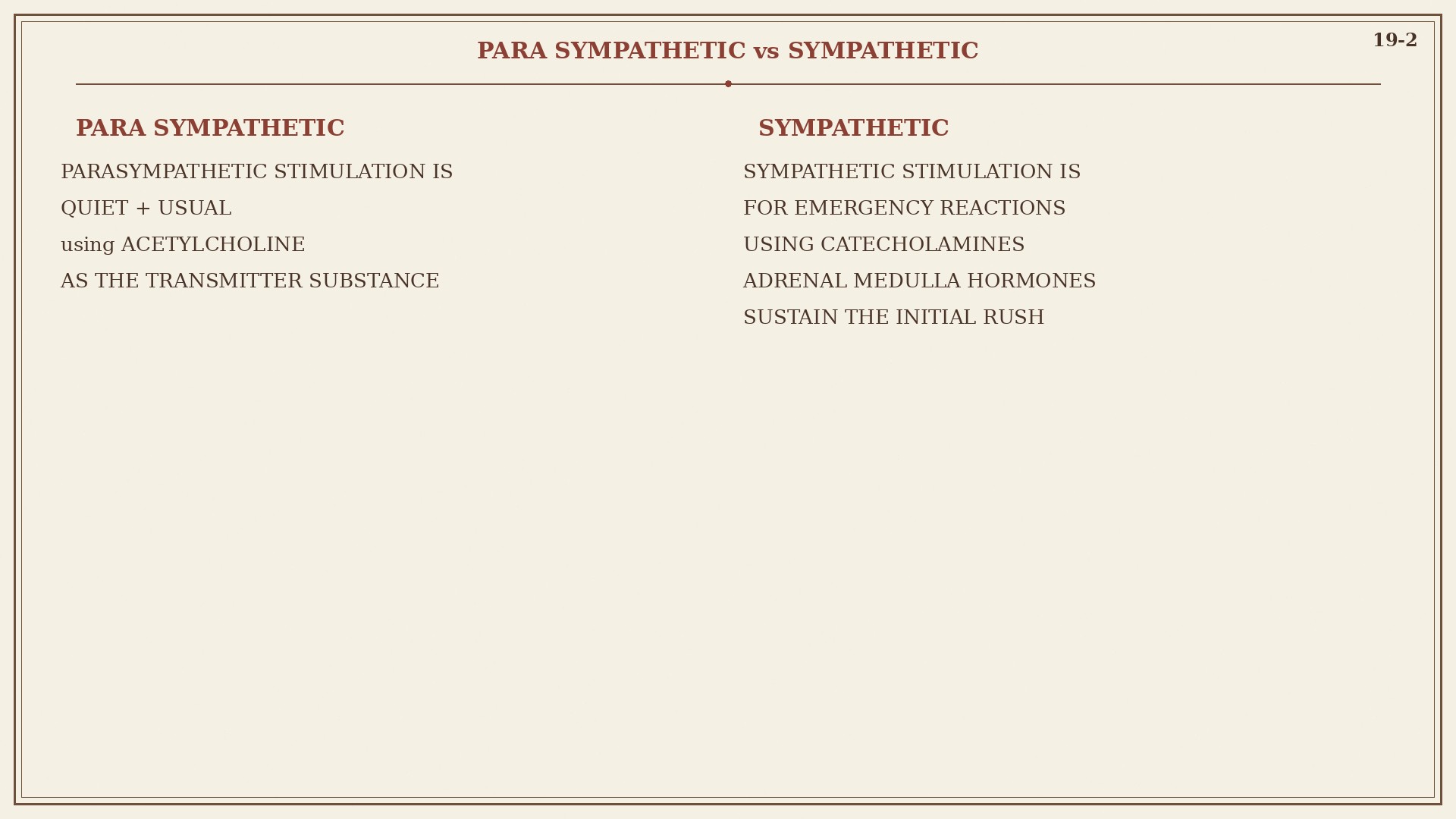 Chart 19-2: parasympathetic acetylcholine, sympathetic catecholamines, medulla sustains the rush