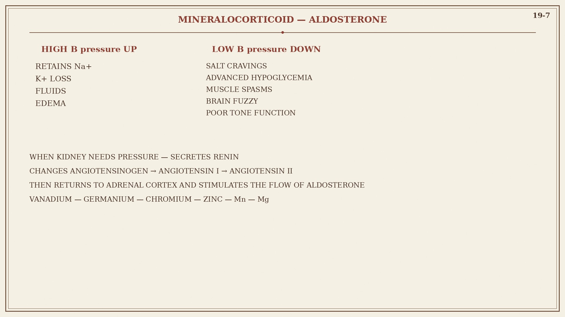 Chart 19-7: aldosterone high and low, renin angiotensin, influence minerals