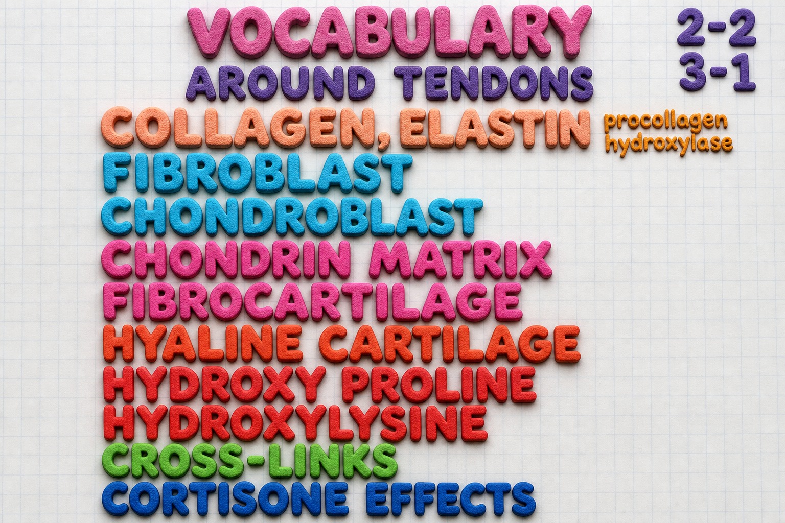Handwritten chart 2-2: vocabulary around tendons — collagen, elastin, fibroblast, chondroblast, cartilage, hydroxyproline, hydroxylysine, cross-links, cortisone effects