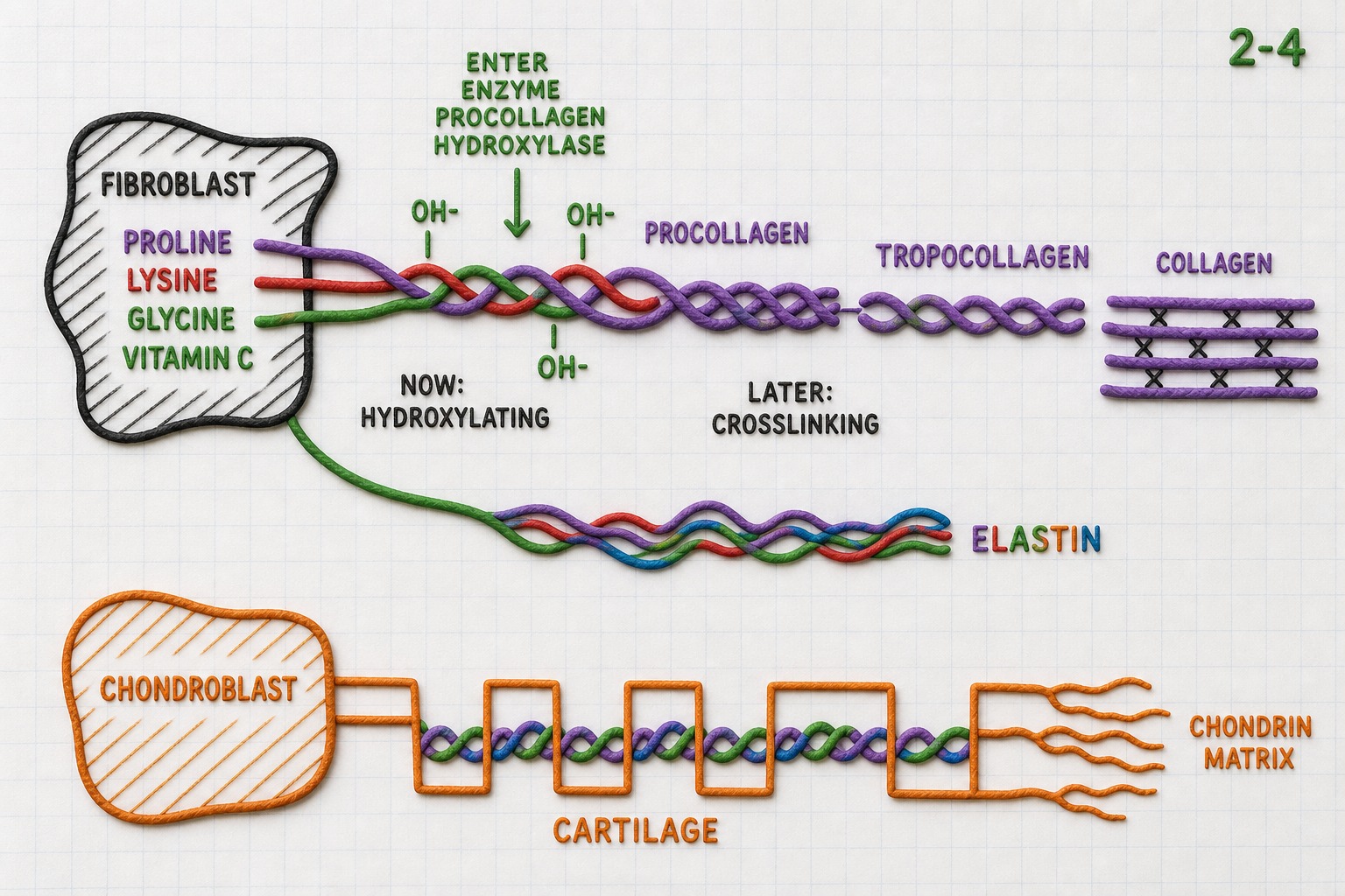 Chart 2-4: fibroblast with proline, lysine, glycine, vitamin C; procollagen hydroxylase; tropocollagen; cross-linking to collagen; chondroblast into chondrin matrix