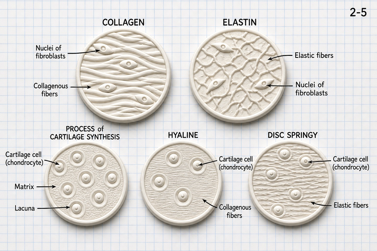 Chart 2-5: microscope-style circles of collagen, elastin, cartilage synthesis, hyaline, and springy disc