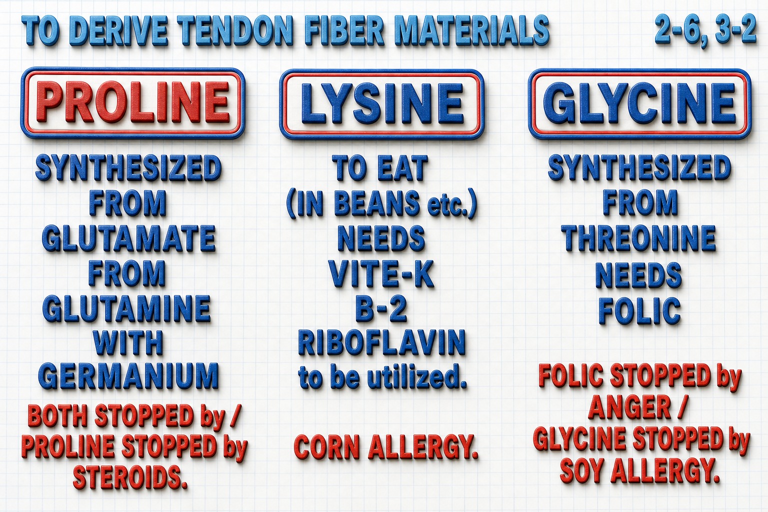 Chart 2-6: deriving tendon fiber materials from glutamate, dietary lysine, threonine, with Kapel’s allergy notes