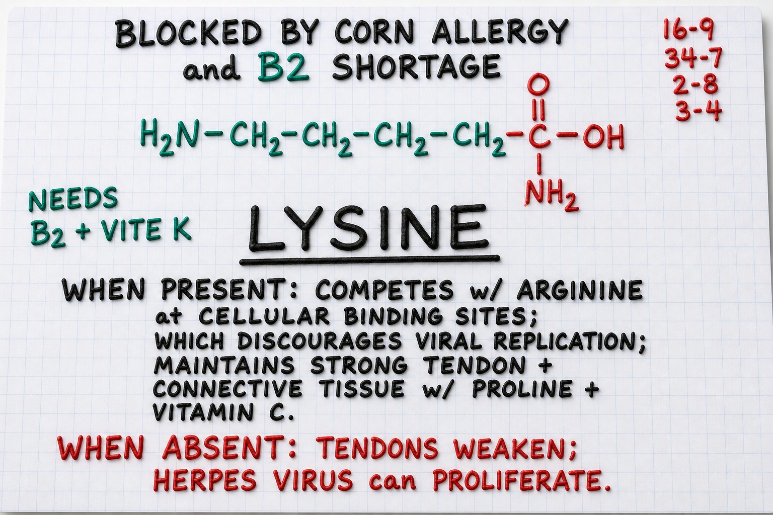 Chart 2-8: lysine structure and Kapel’s notes on B2, vitamin K, and herpes
