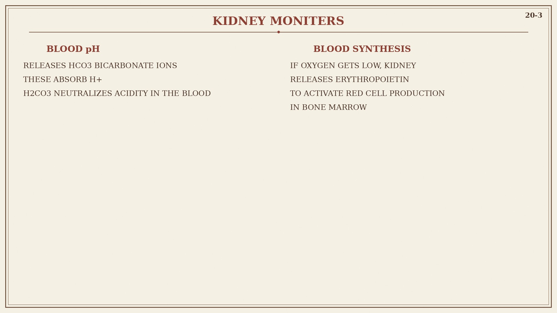 Chart 20-3: kidney monitors blood pH with bicarbonate and blood synthesis with erythropoietin