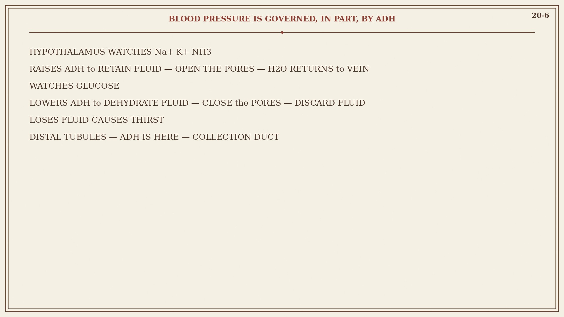 Chart 20-6: blood pressure governed in part by ADH, hypothalamus watches salt and glucose