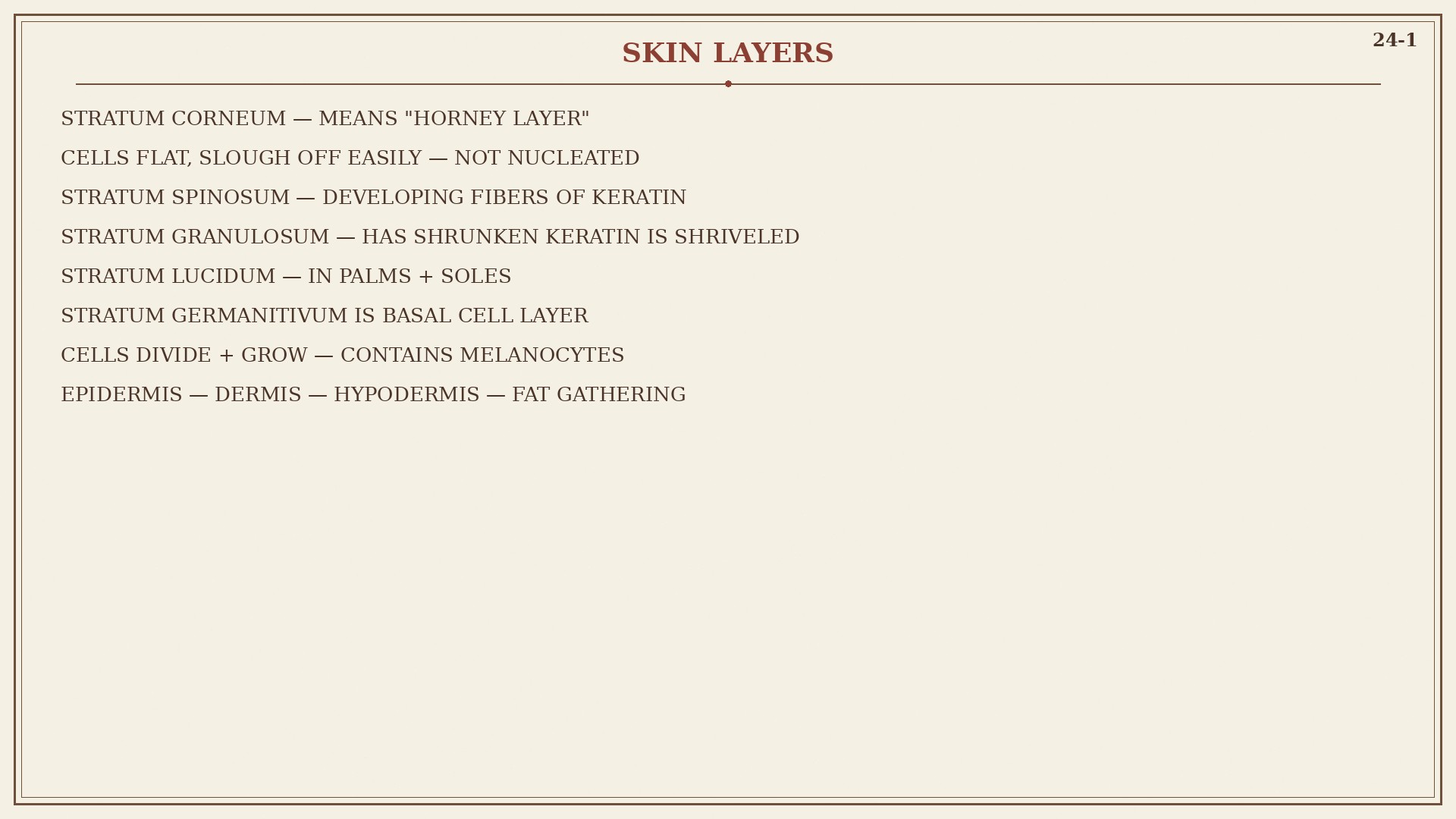 Chart 24-1: skin cross-section, epidermis to hypodermis