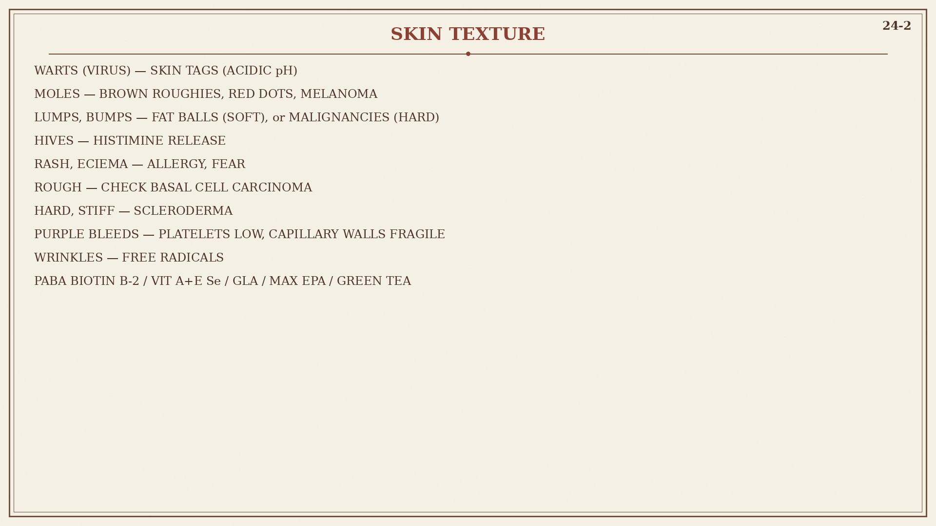 Chart 24-2: warts, tags, moles, lumps, hives, rash, scleroderma, purple bleeds, wrinkles