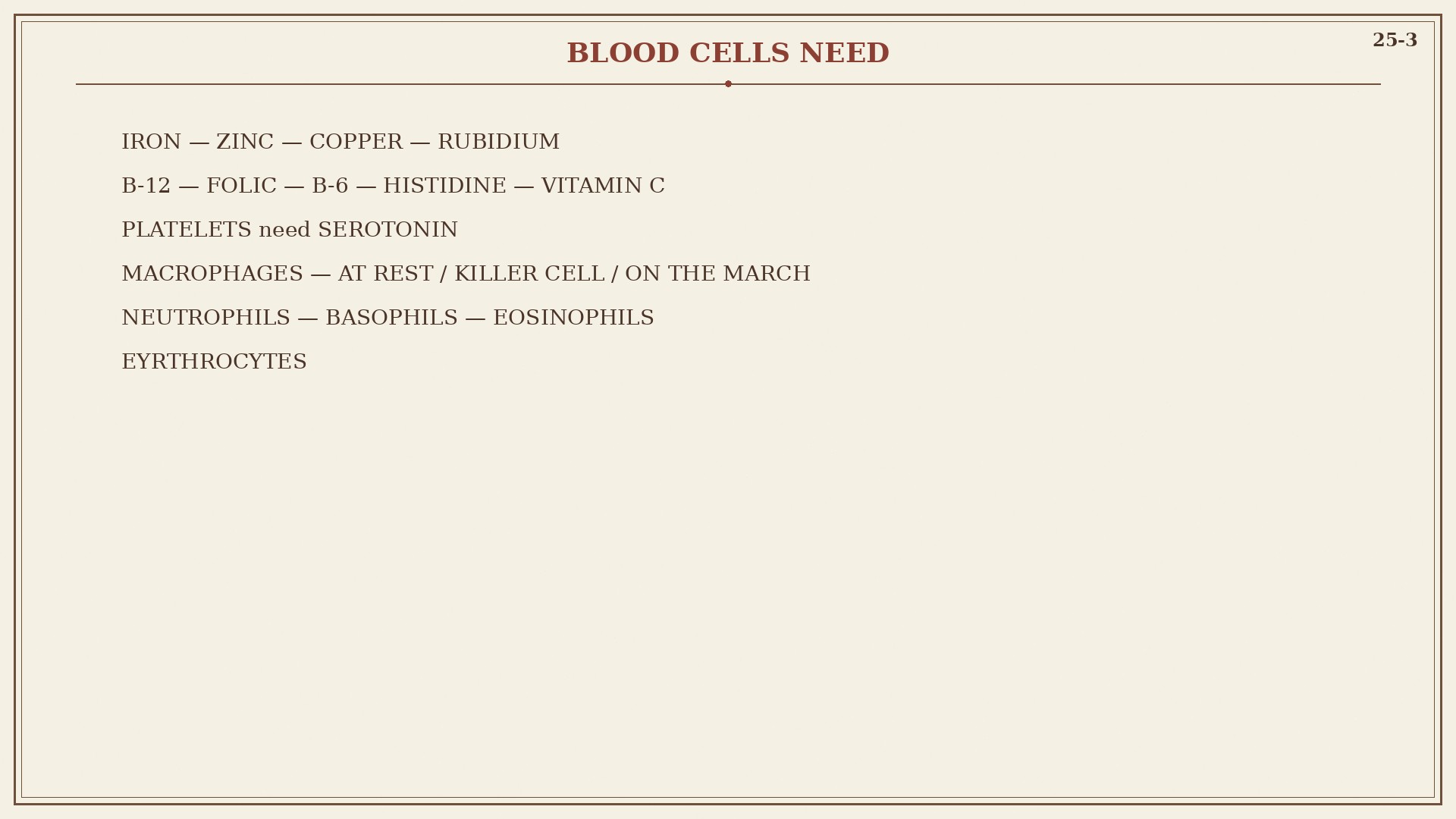Chart 25-3: iron, zinc, copper, rubidium, B-12, folic, B-6, histidine, vitamin C, platelets need serotonin