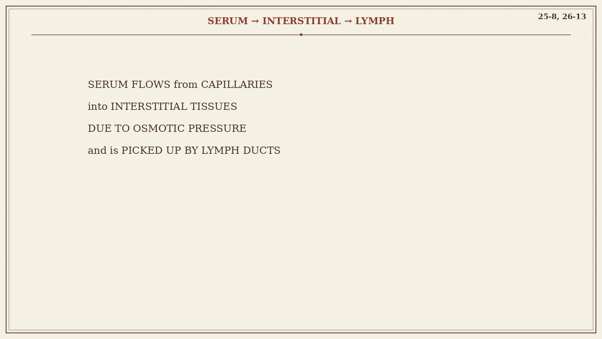 Chart 25-8: serum from capillaries into interstitial tissue, picked up by lymph ducts